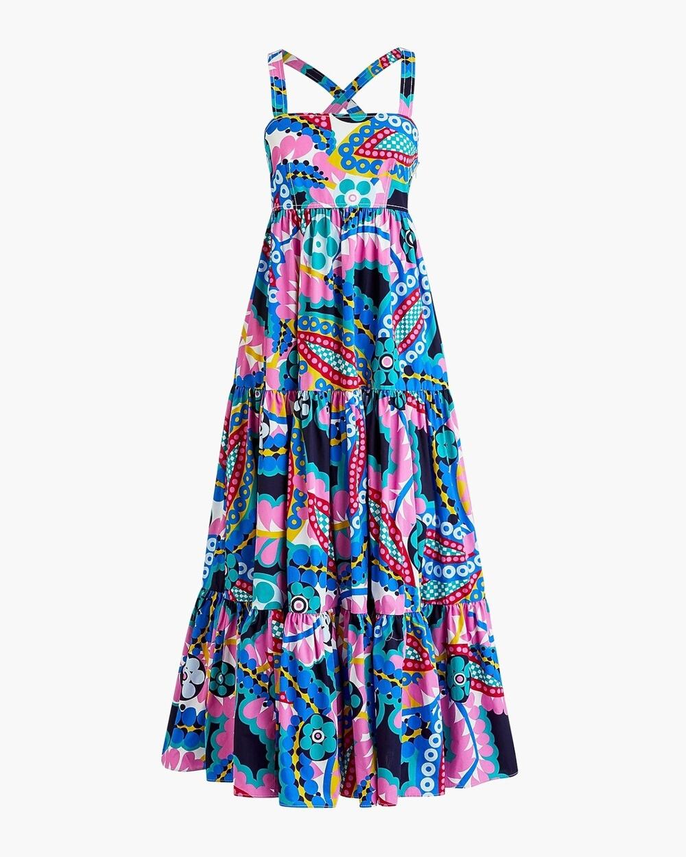 J.CREW Tiered Cotton Apron Maxi Dress in Ratti Kaleidoscope Floral 0 XS $168